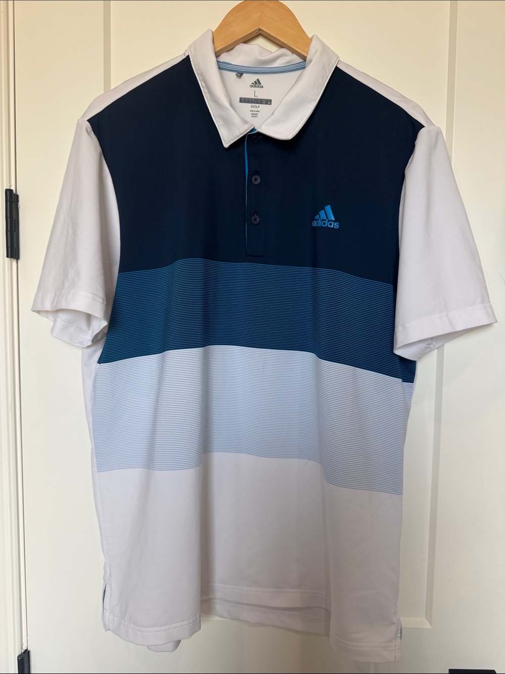 adidas Men’s Navy, Teal & White Striped Polo